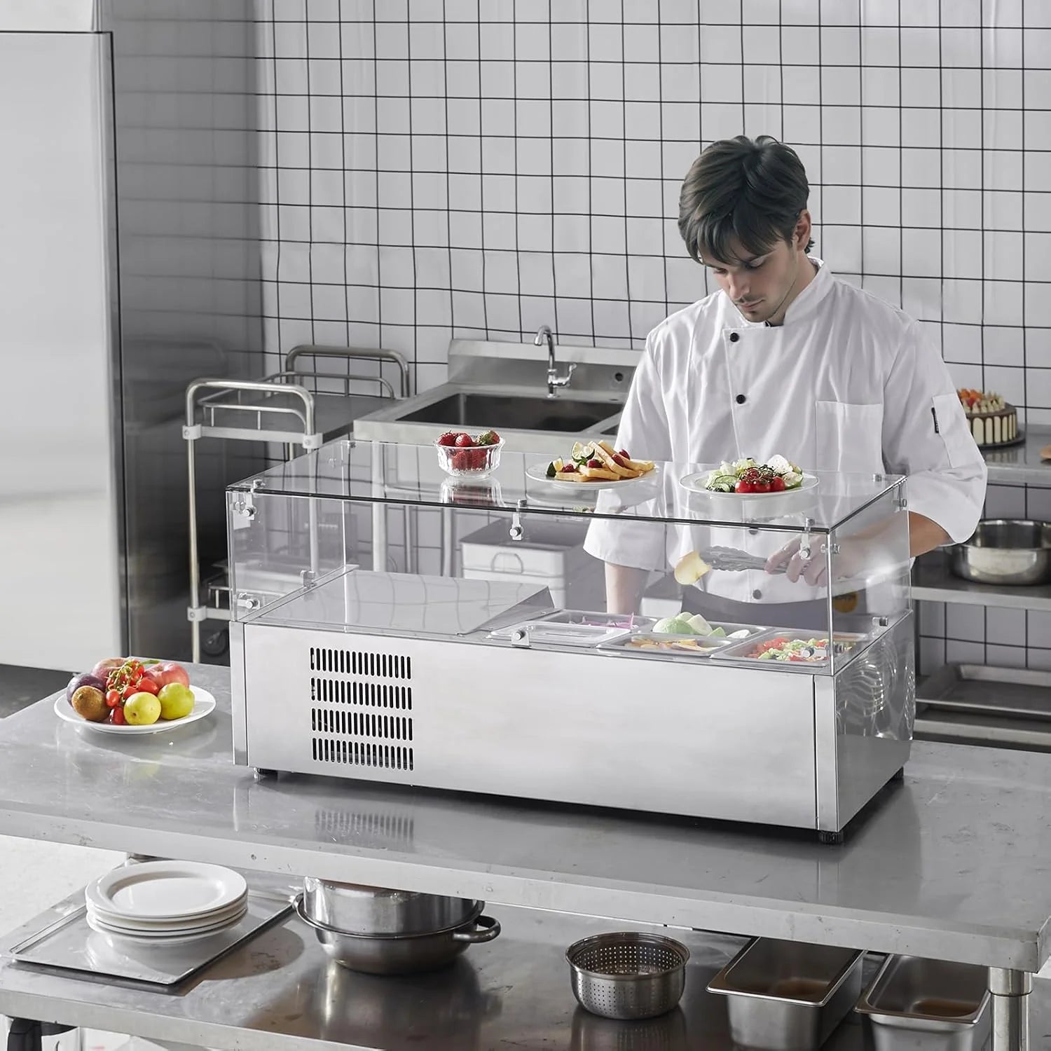 Refrigerated Condiment Prep Station, 135 W Countertop Refrigerated Condiment Station, with 2 1/3 Pans & 4 1/6 Pans, 304 Stainless Body and PC Lid, Sandwich Prep Table with Stainless Guard, ETL