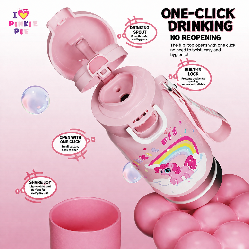 Pinkie Pie Kids Insulated Water Bottle 480ml – 316 Stainless Steel, 3-in-1 Drink Modes, 6-12Hr Vacuum Thermos