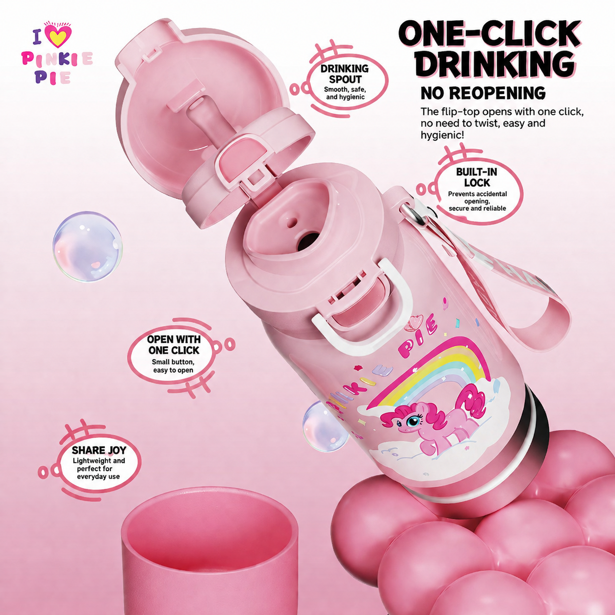Pinkie Pie Kids Insulated Water Bottle 480ml – 316 Stainless Steel, 3-in-1 Drink Modes, 6-12Hr Vacuum Thermos