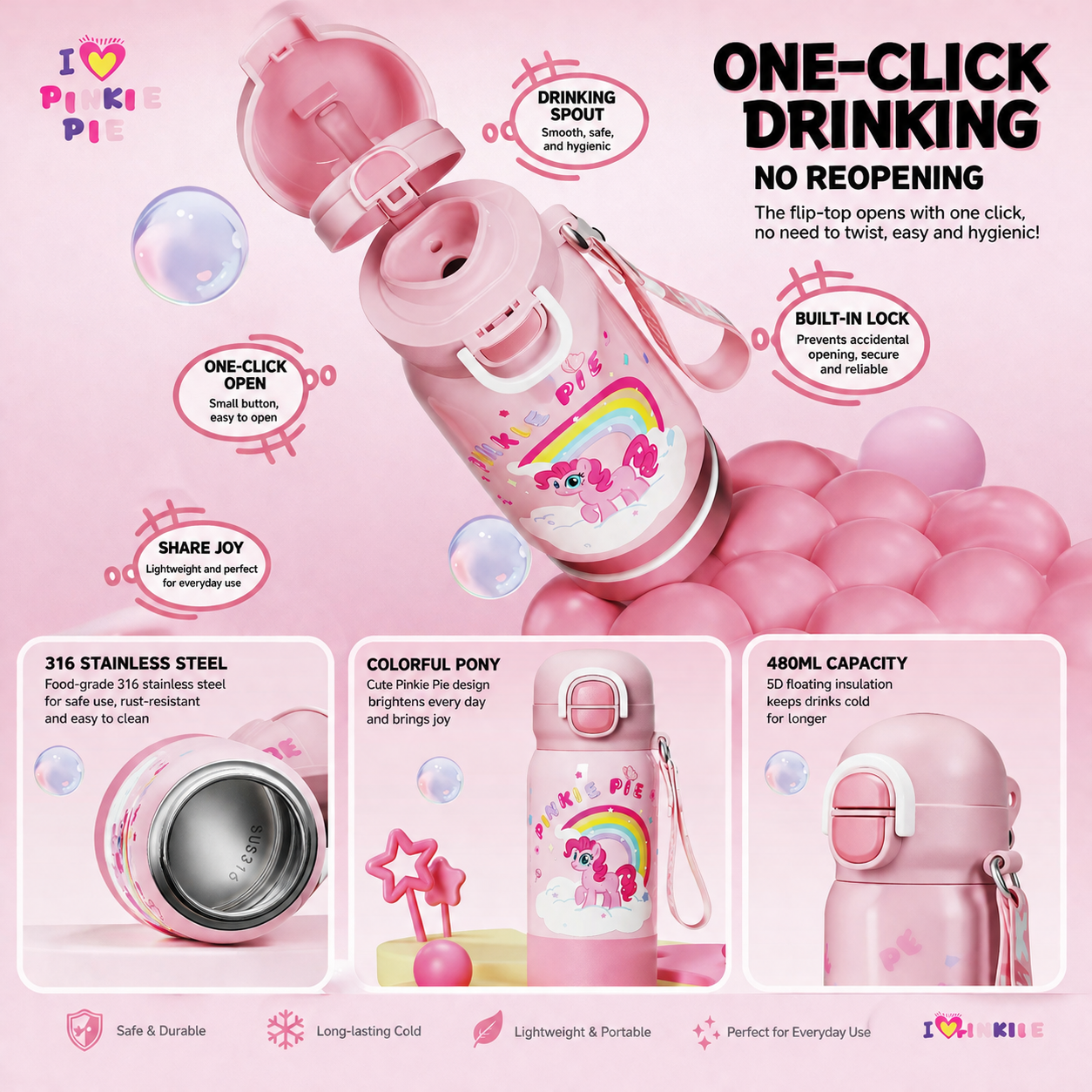 Pinkie Pie Kids Insulated Water Bottle 480ml – 316 Stainless Steel, 3-in-1 Drink Modes, 6-12Hr Vacuum Thermos