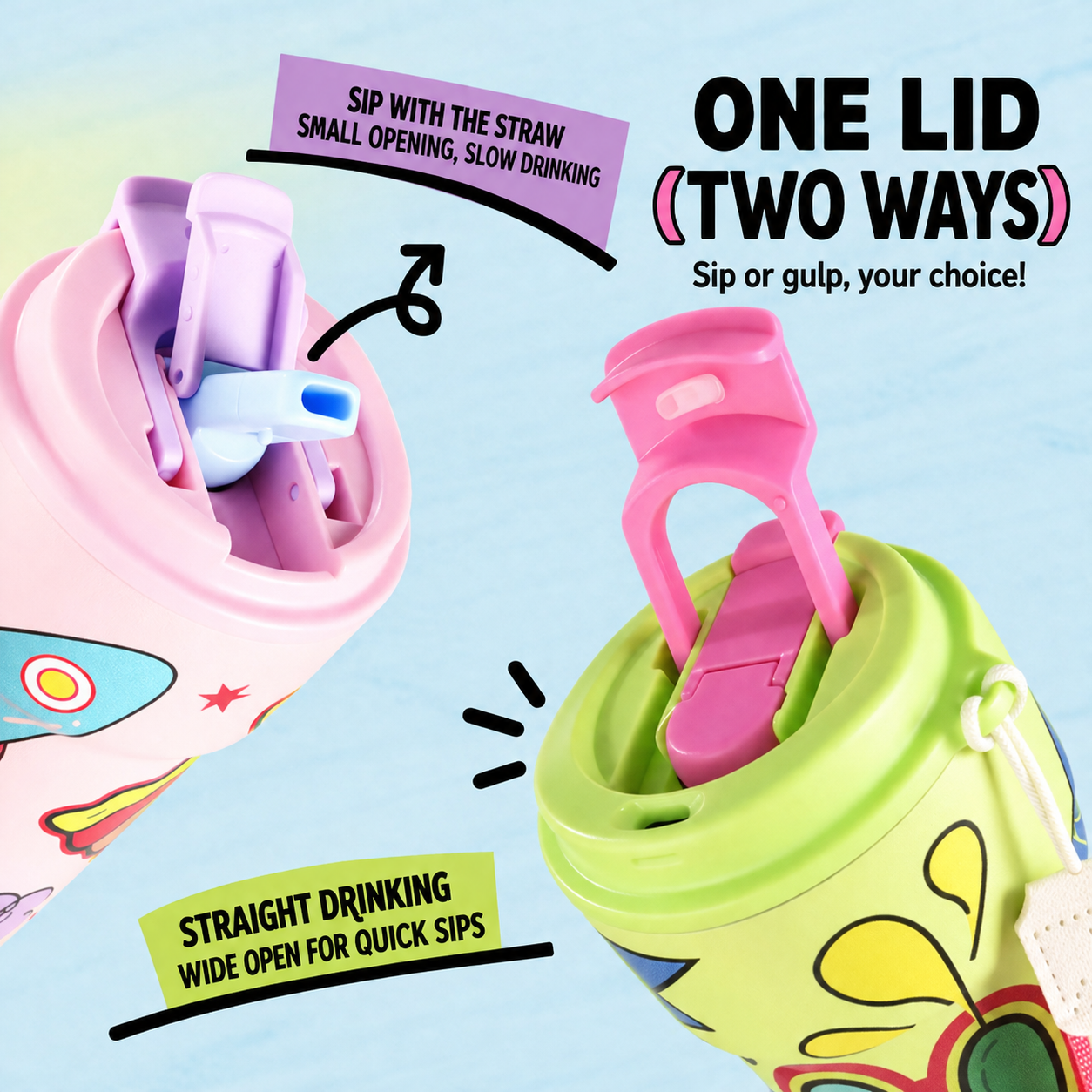 Graffiti Dual-Drink Insulated Thermos Cup 500ml – 316 Stainless Steel, Straw & Direct Drink, Fruity Green & Pink Purple