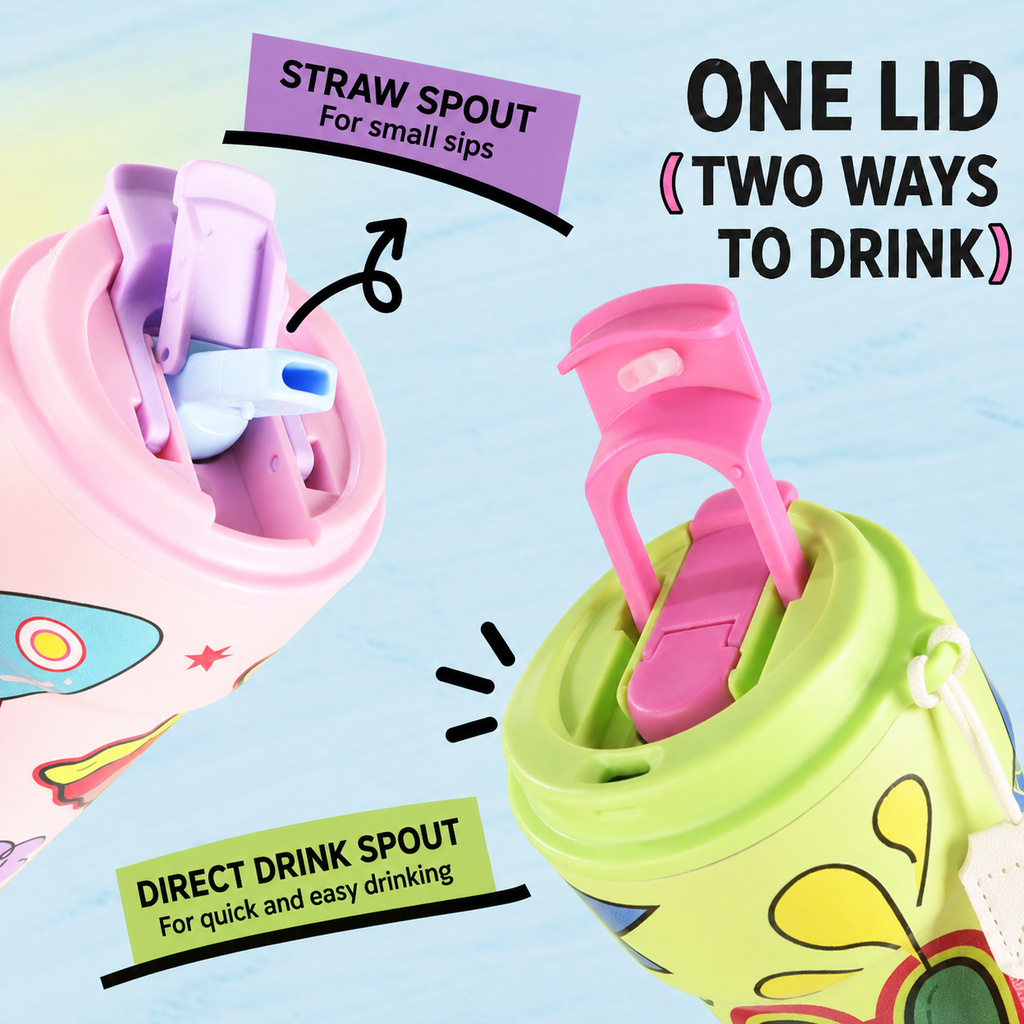 Graffiti Dual-Drink Insulated Thermos Cup 500ml – 316 Stainless Steel, Straw & Direct Drink, Fruity Green & Pink Purple
