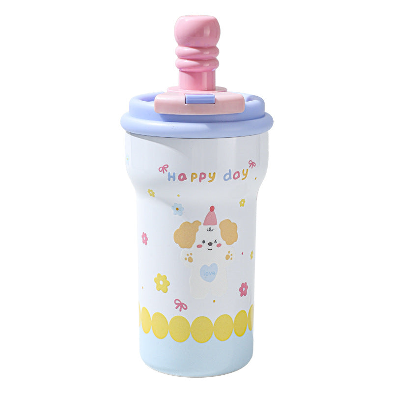 Kids Insulated Straw Cup 600ml – 316 Ceramic-Coated Steel, Dust-Proof Cap, 2-in-1 Dual Drink, Cute Animal Design